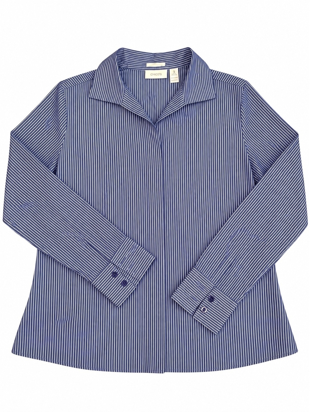 Chico’s Women’s No-Iron Blue White Striped Button Down Shirt Size 3 100% Cotton